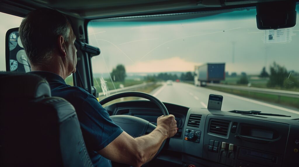 Motorista de caminhão, direção, caminhoneiro, homem, volante, estrada, condução Foto gerada por IA/Freepik
