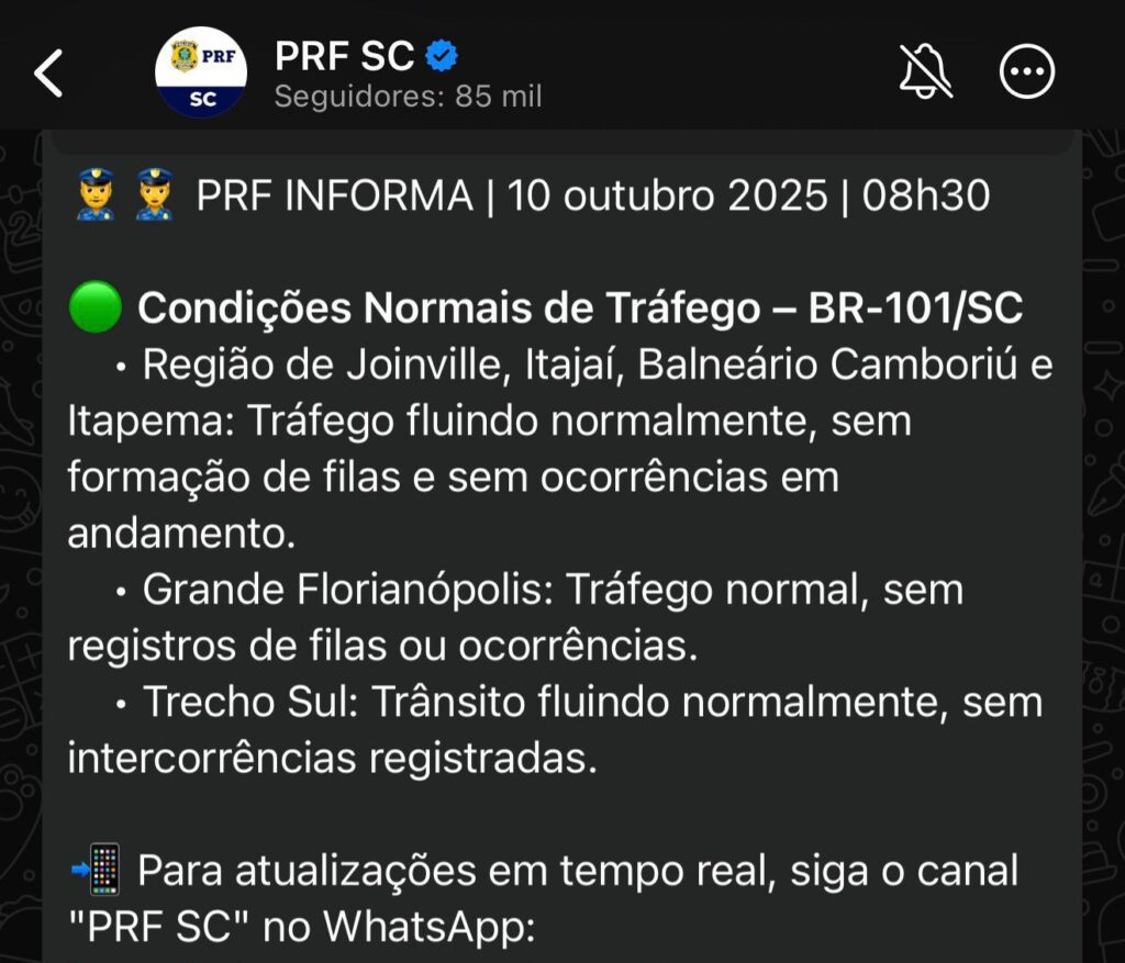 Whatsapp da PRF SC Foto: Reprodução